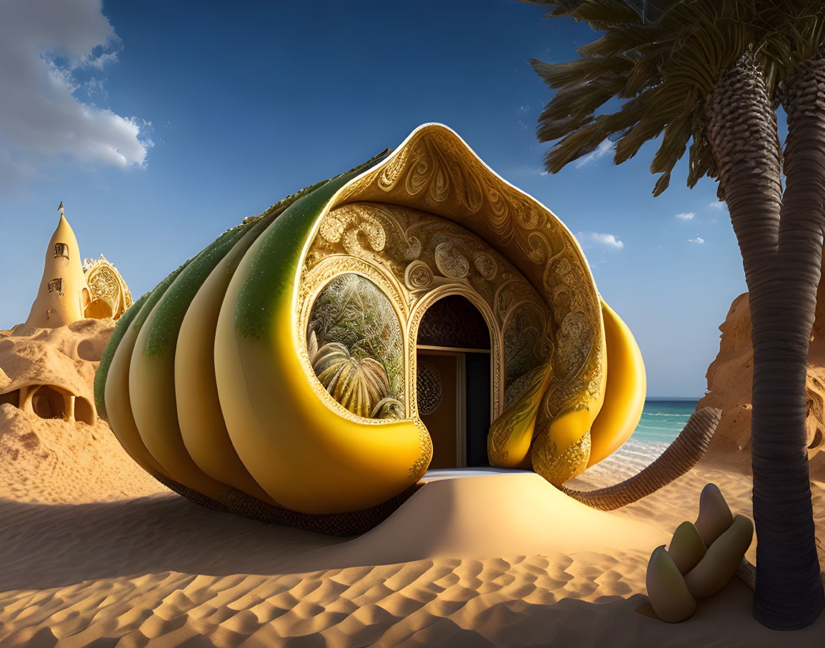 Unique Avocado-shaped Structure on Sandy Beach with Palm Trees