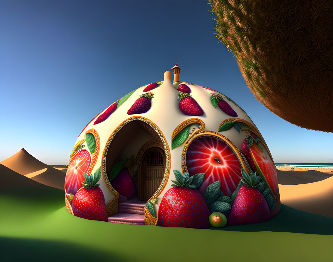 Strawberry-themed dome house in desert with giant strawberry overhead