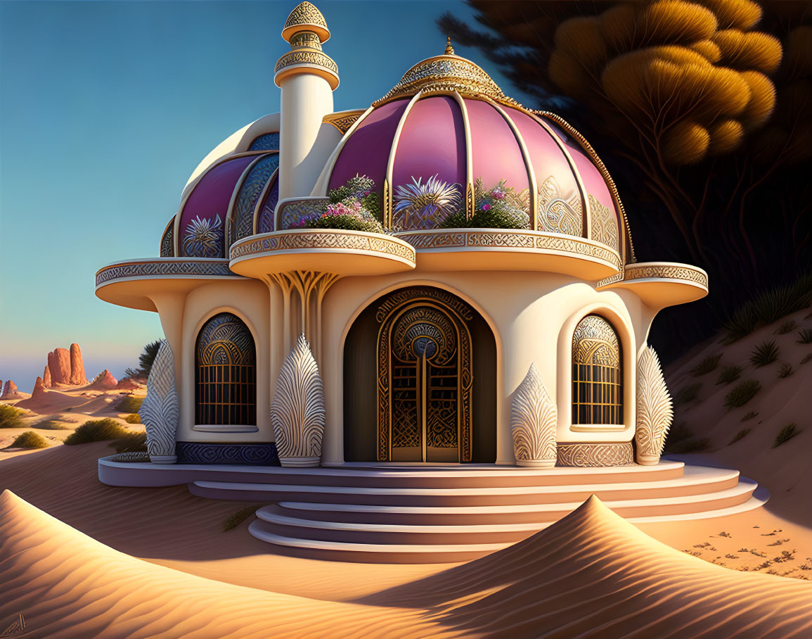 Fantasy palace with pink and purple domes in desert landscape