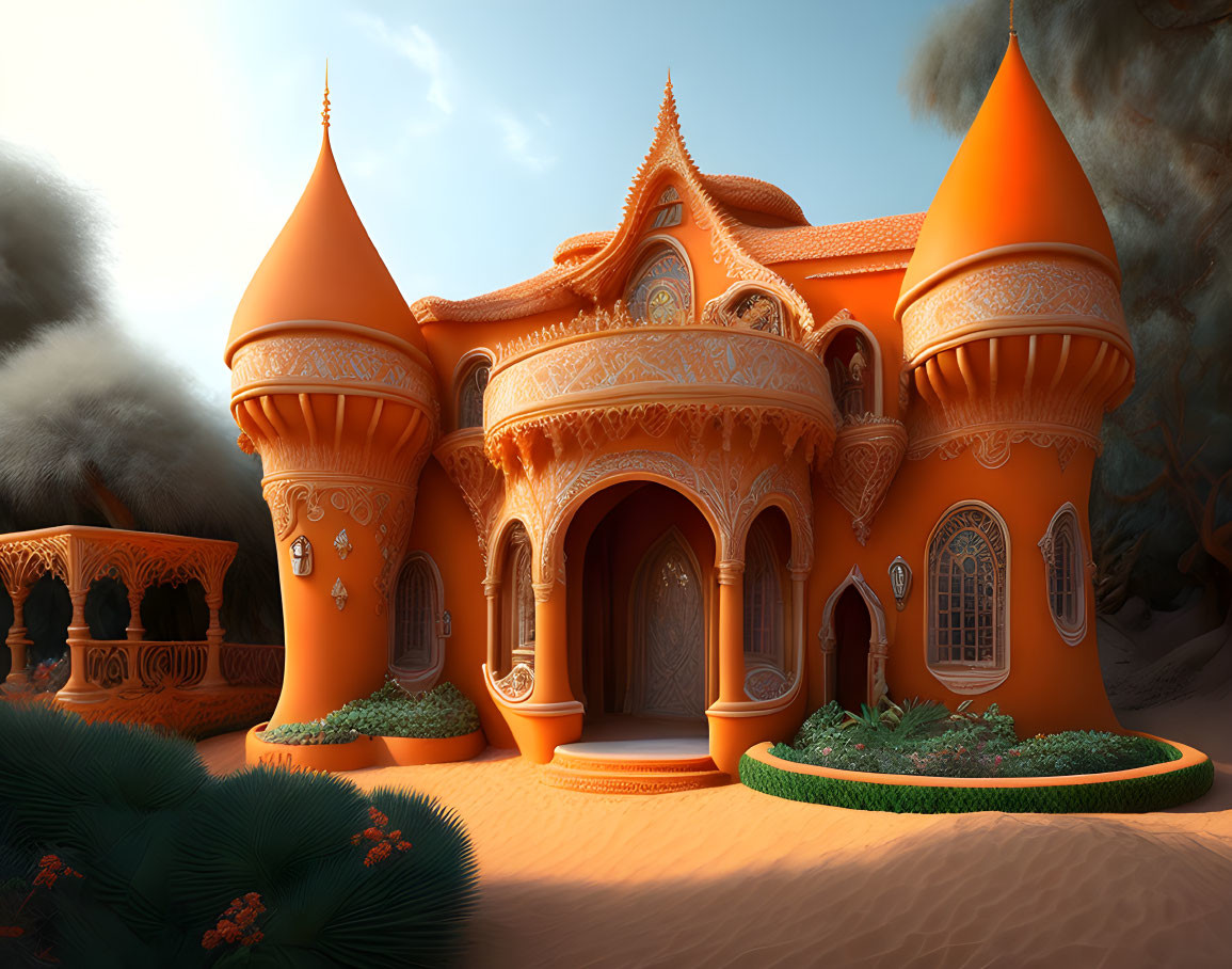 Orange Fantasy Castle with Pointed Spires in Desert Landscape