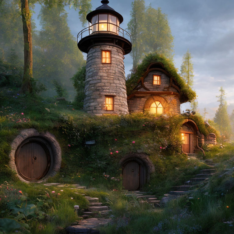 Twilight scene of whimsical stone lighthouse and hobbit-style house nestled in lush greenery