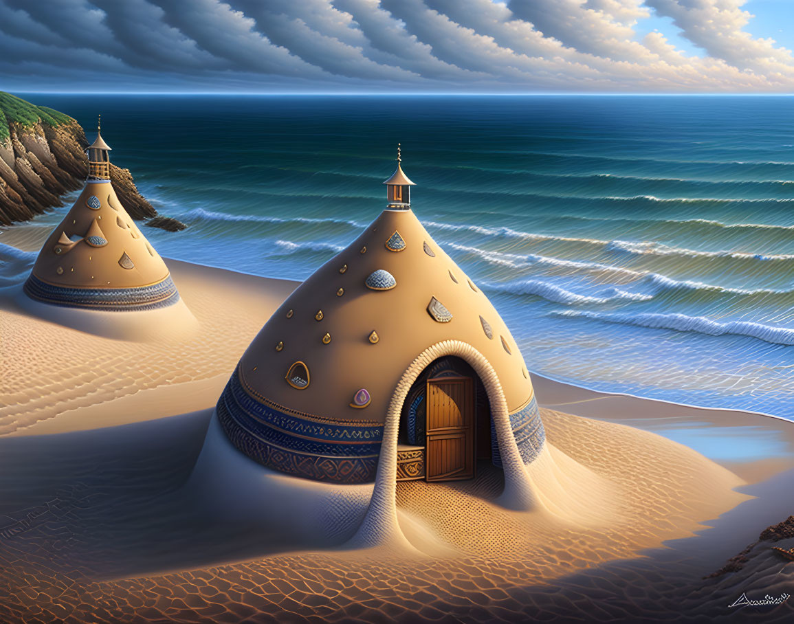 Detailed Sandcastle on Sandy Beach with Calm Sea