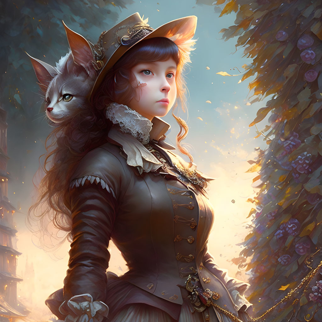 Digital artwork: Girl with feline features in Victorian attire with cat companion