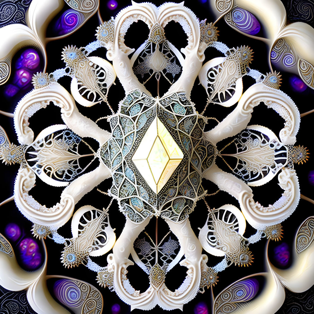 Symmetrical fractal design with intricate lace patterns and glowing yellow diamond on dark background