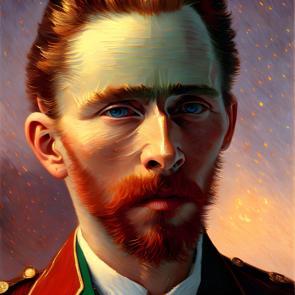 Detailed Portrait of Man with Red Beard and Blue Eyes in Military Jacket on Star-Speckled Orange