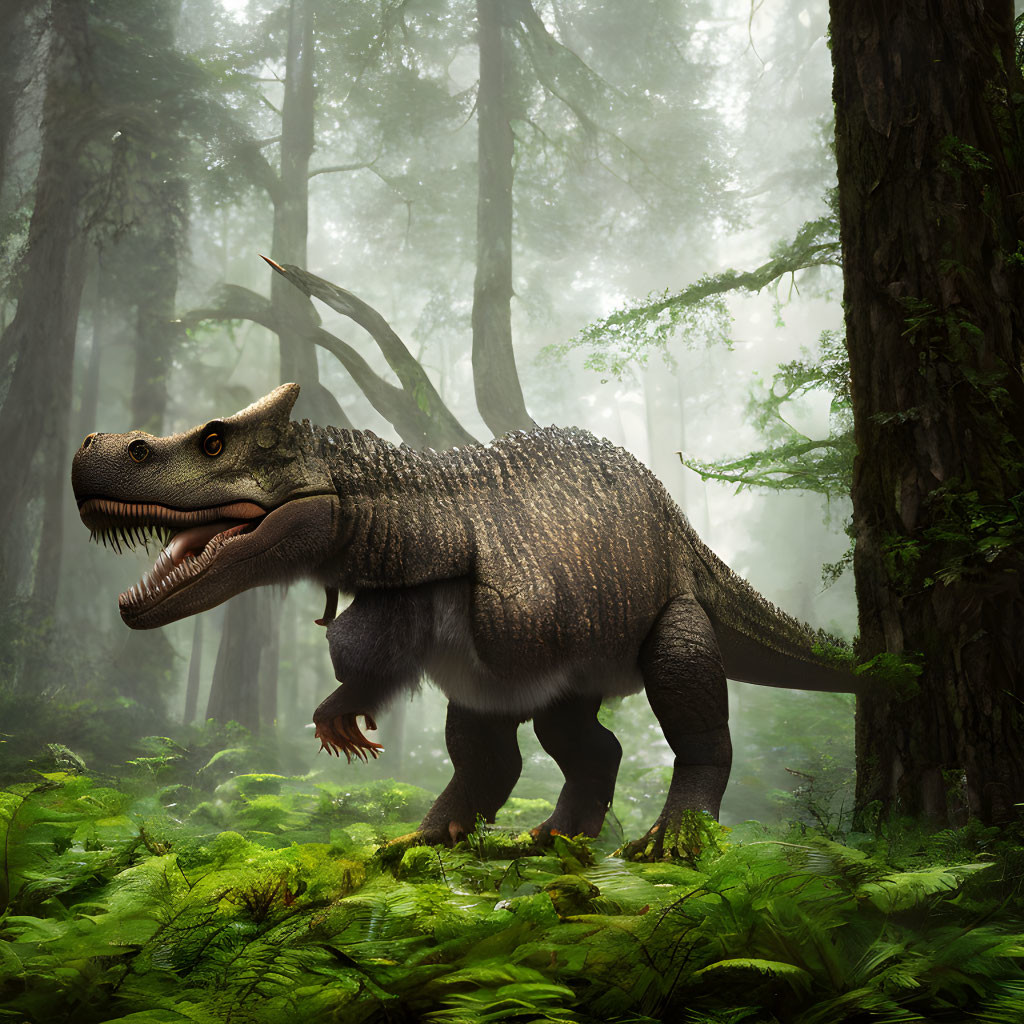 Digital illustration of Tyrannosaurus Rex in misty forest with lush ferns.