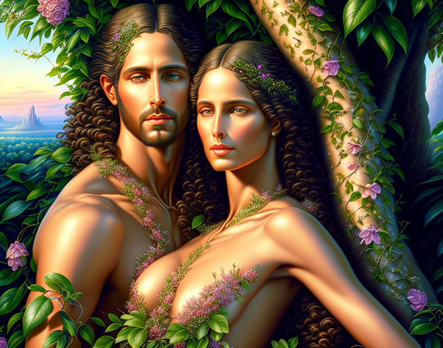 Man and woman with floral adornments in lush greenery with castle backdrop