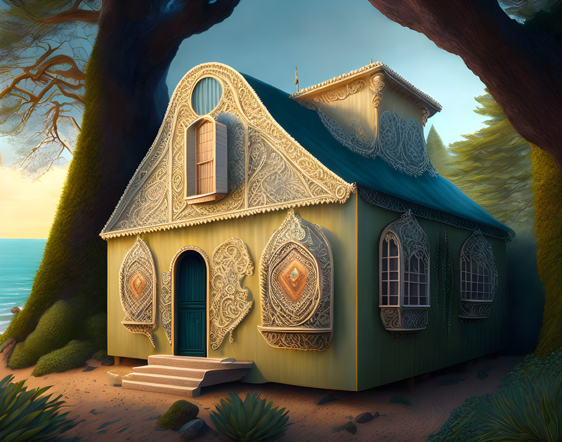 Intricate Fairy-Tale Cottage in Forest Clearing at Sunset