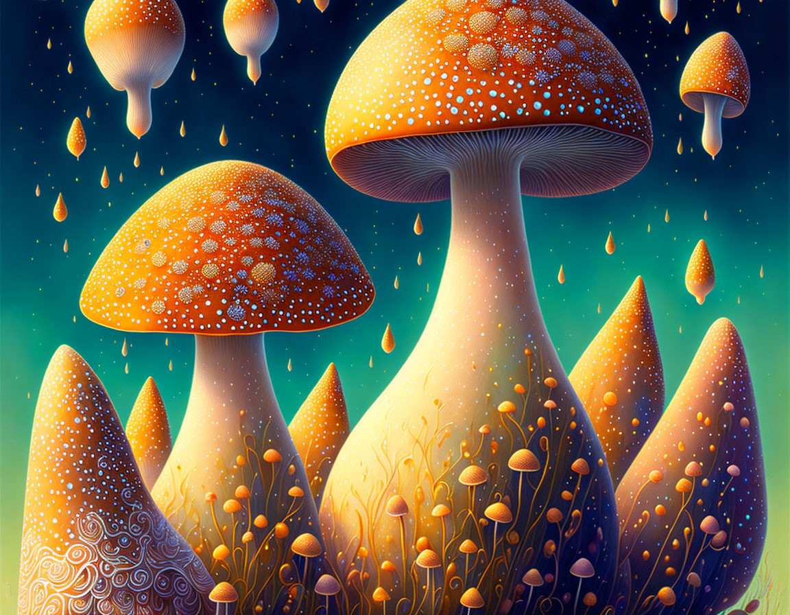 Colorful digital artwork: oversized whimsical mushrooms against starry sky