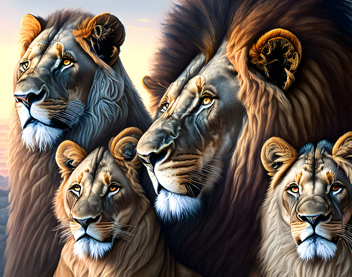 Four Majestic Lions with Detailed Fur Against Warm Sunset Sky