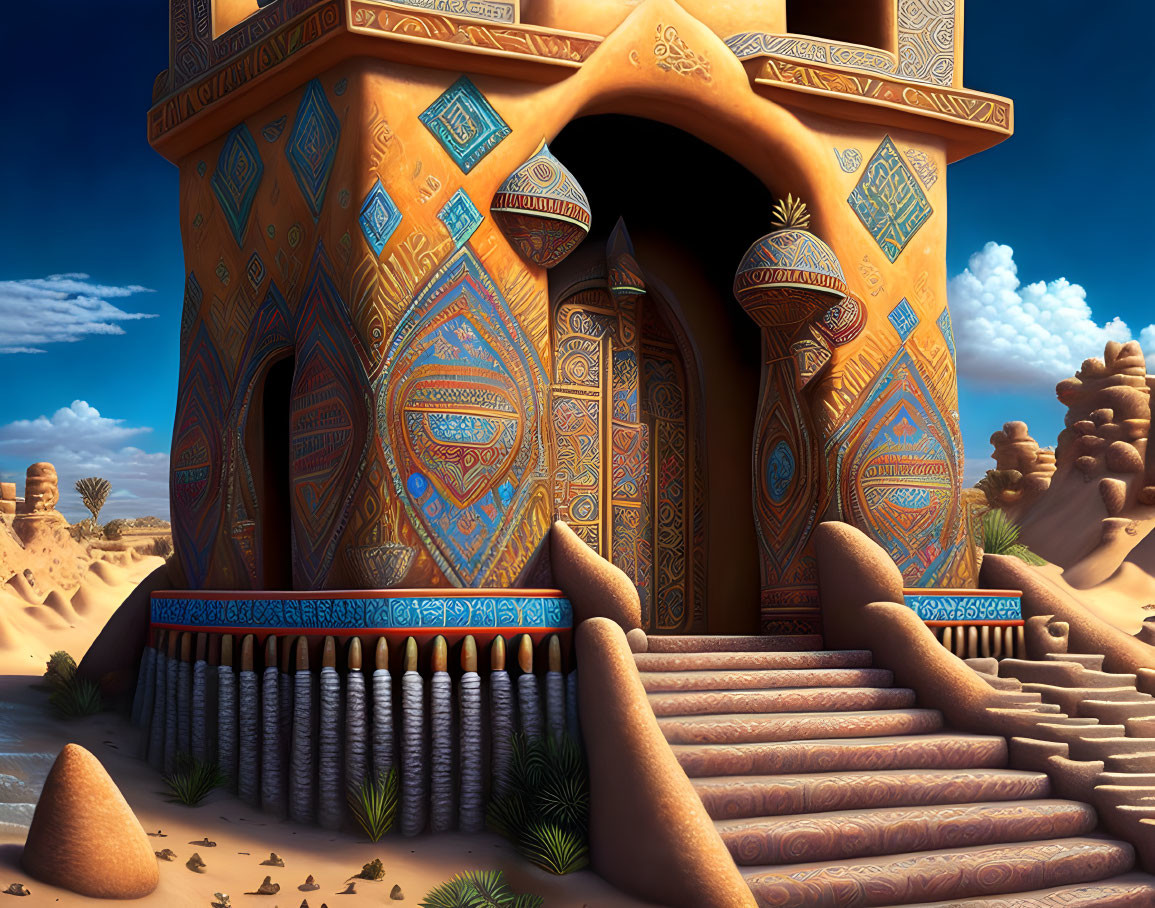 Intricately patterned desert structure with arched doorways amidst dunes and clear blue sky