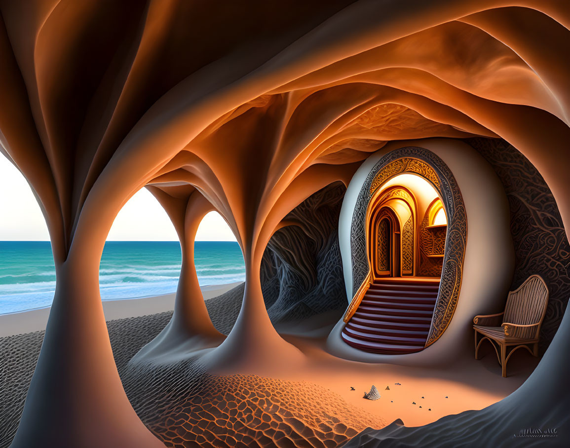 Surreal cave with swirling orange walls, staircase, chair, overlooking beach and ocean