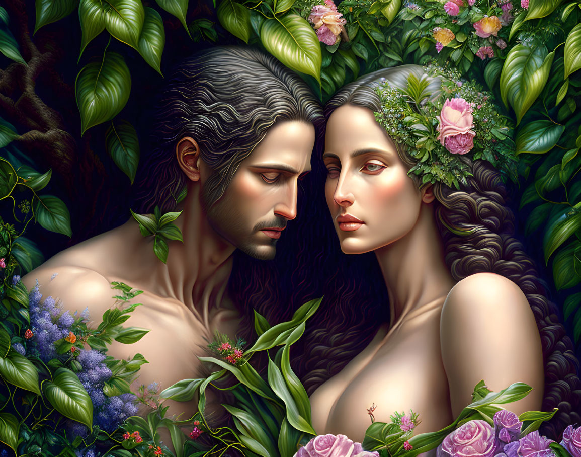 Man and woman embraced with floral adornments in lush green backdrop