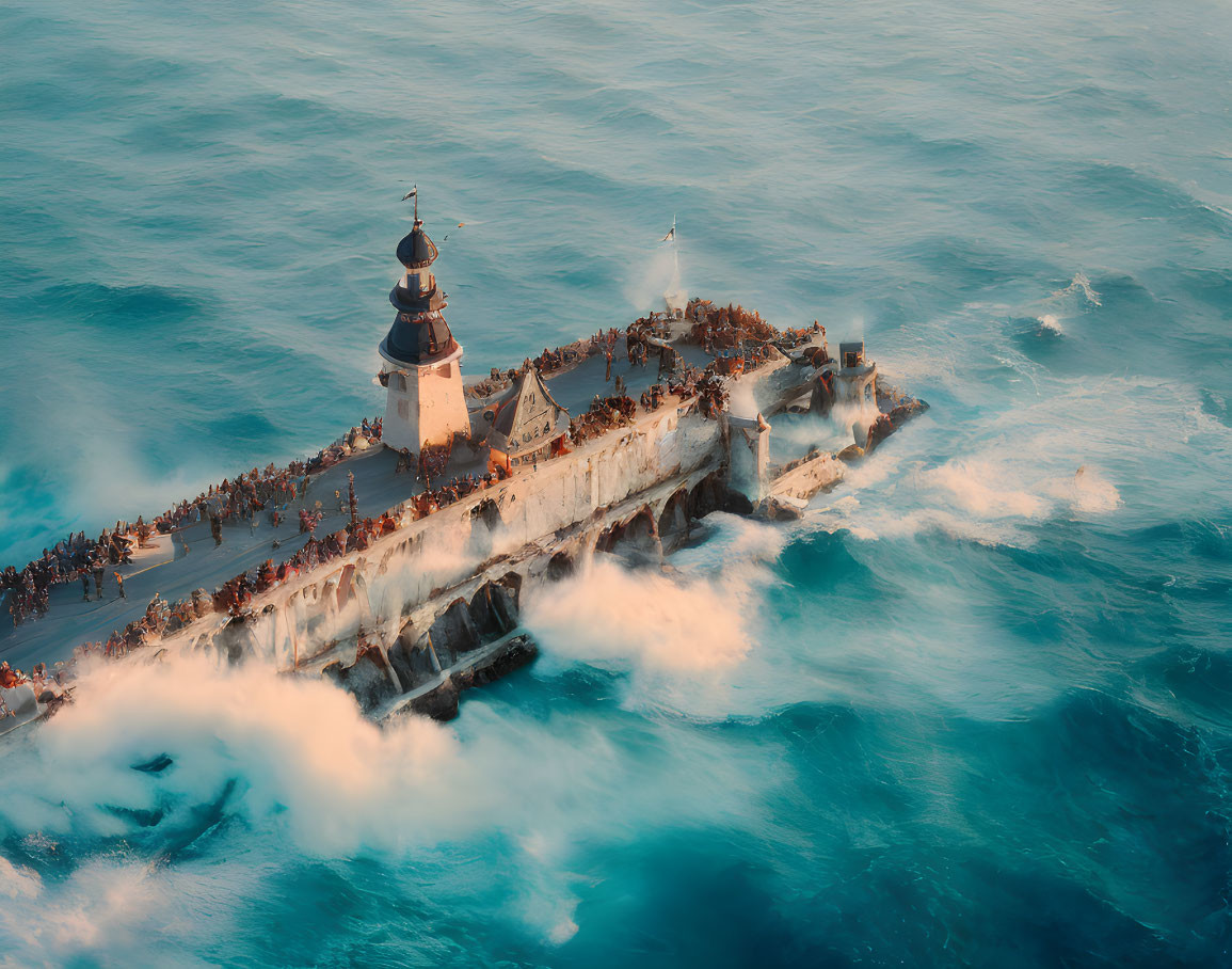 Aerial View of Old Lighthouse on Pier Amid Turbulent Sea Waves