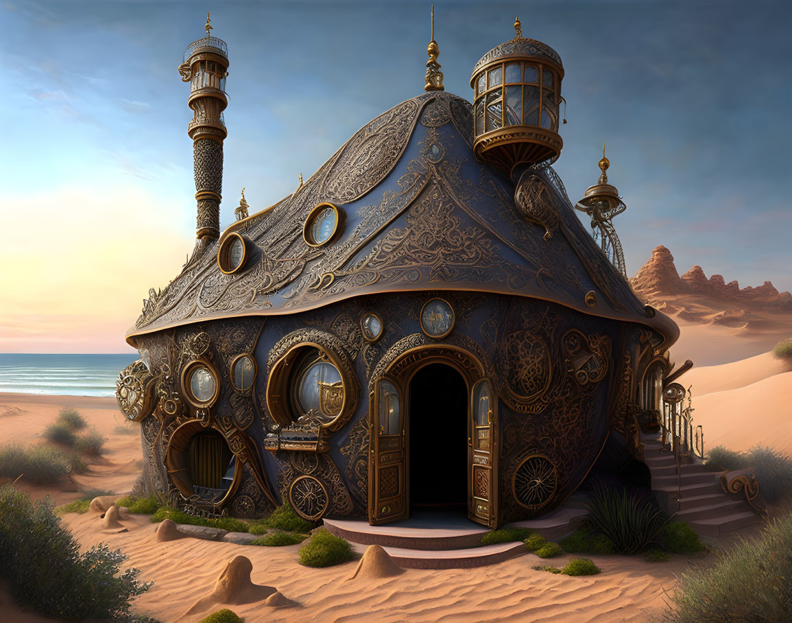 Fantasy Dome-Shaped House with Intricate Designs in Desert Sunset