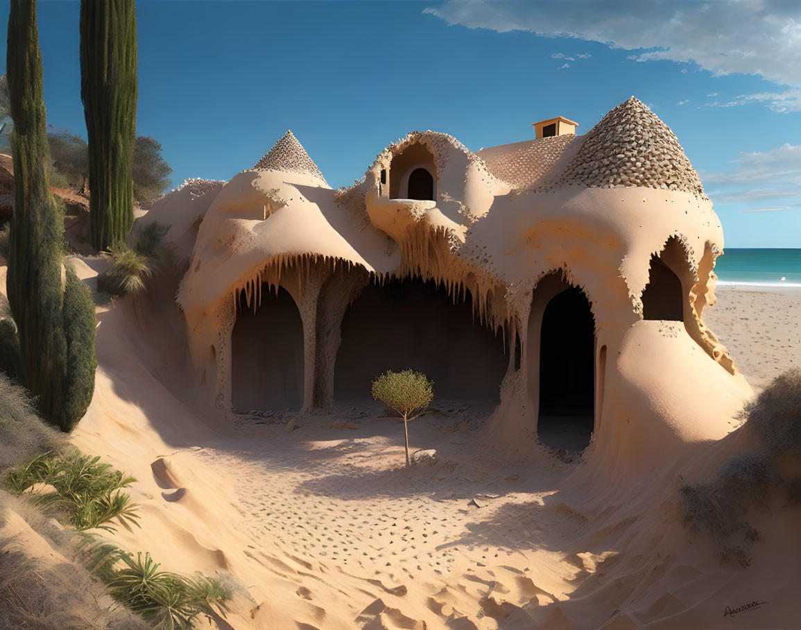 Desert landscape with sand-covered building, lone tree, and cacti under blue sky