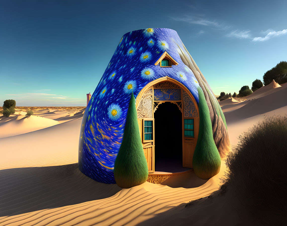 Whimsical house with "Starry Night" inspired walls in desert landscape