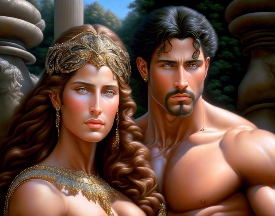 Fantasy-themed illustration of man and woman with ornate headgear and muscular build against pillar backdrop