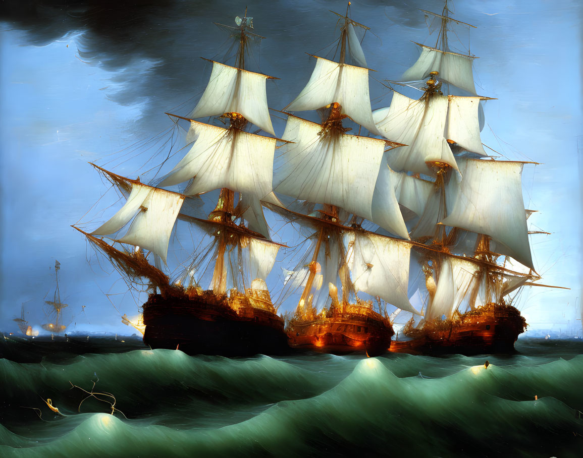 Majestic sailing ships on turbulent sea under golden sunlight