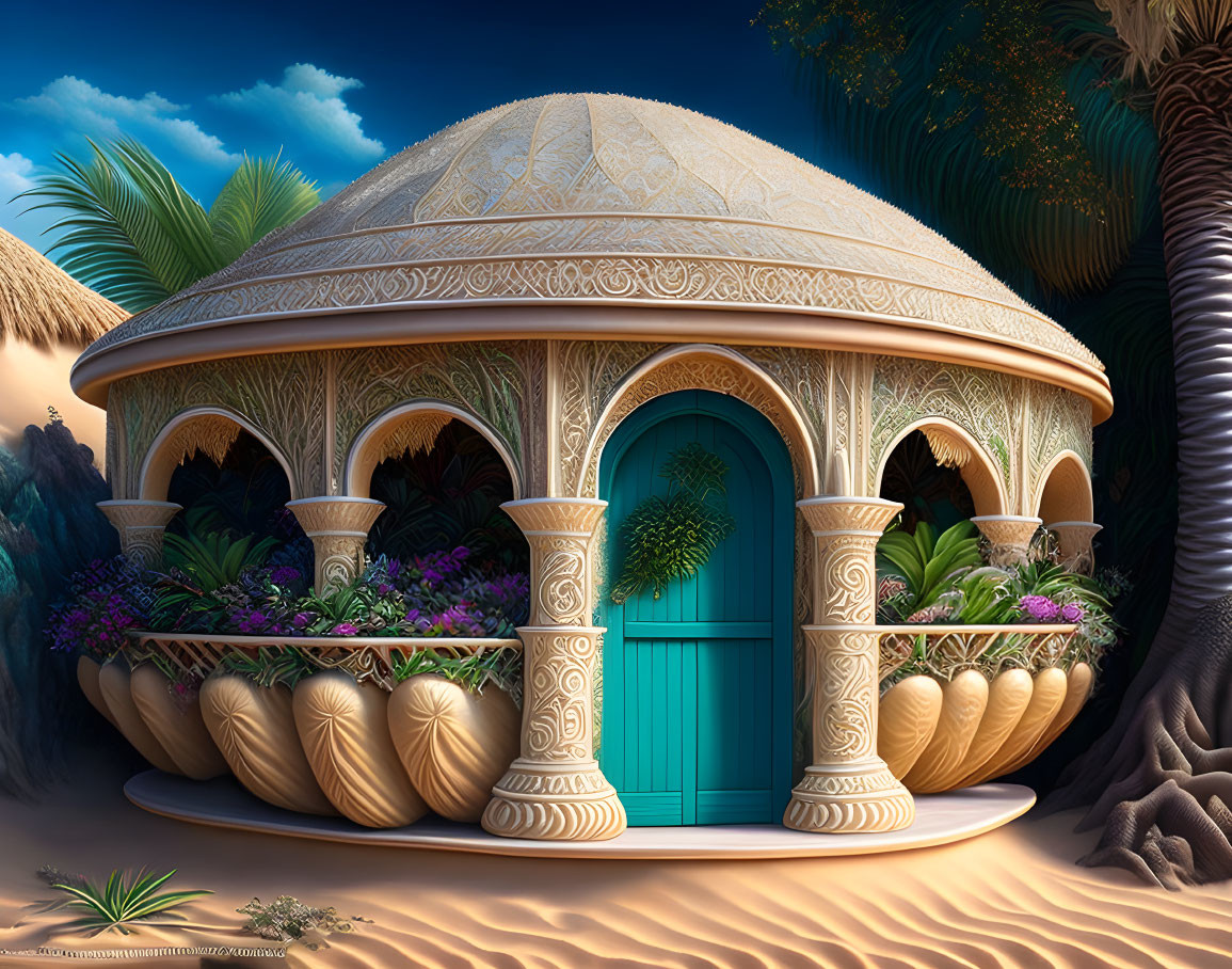 Ornate round desert house with dome roof and lush surroundings