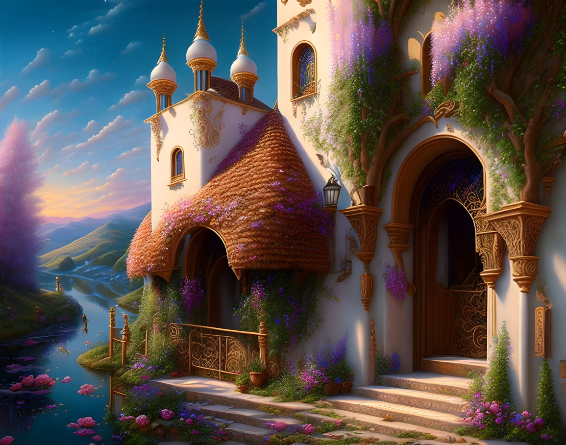 Whimsical cottage with ornate doors and white spires by a peaceful river at sunset