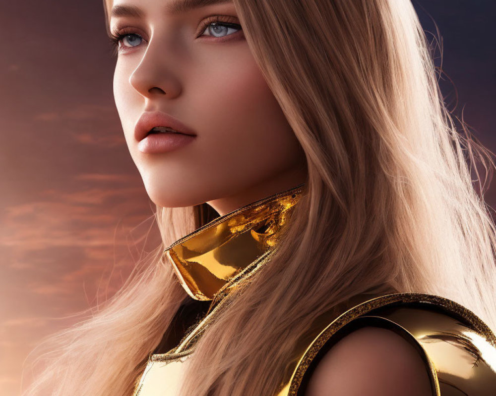 Blonde woman in futuristic gold attire with blue eyes