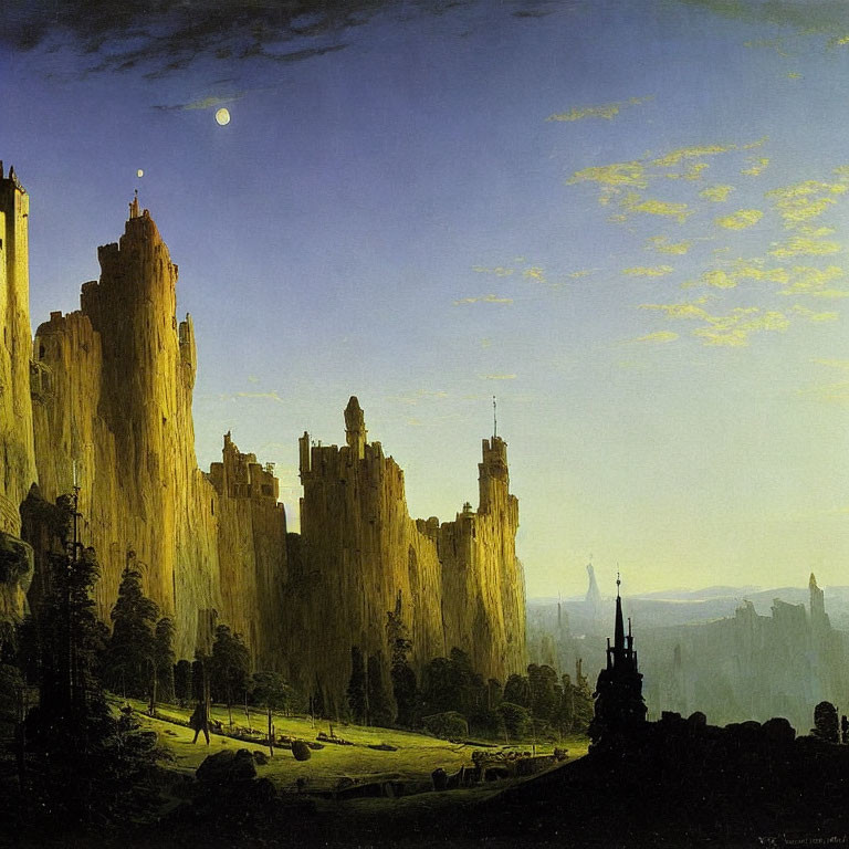 Romantic painting of castle on cliff at twilight with moon and tiny figures