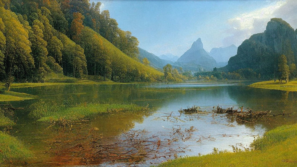 Tranquil landscape with river, greenery, mountain, and broken structure