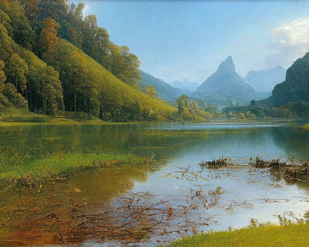 Tranquil landscape with river, greenery, mountain, and broken structure