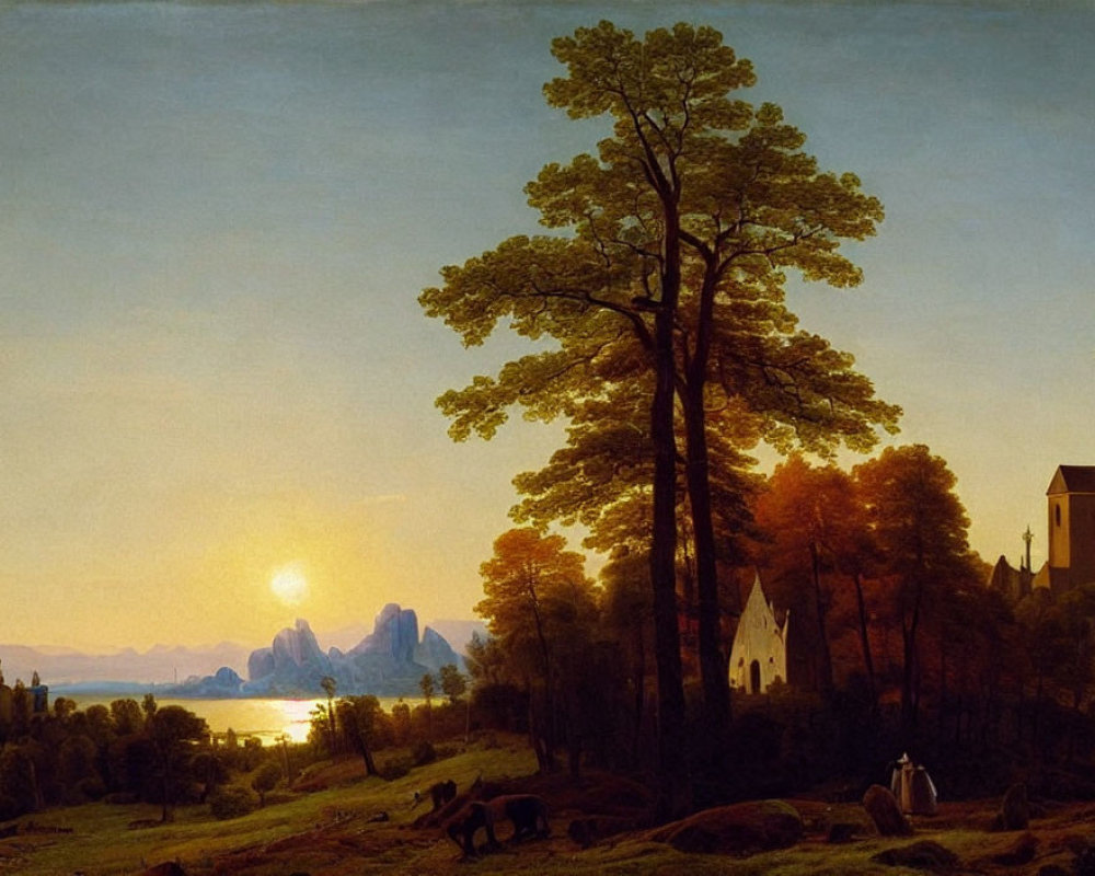 Sunset landscape painting with tree, church, mountains, and figures