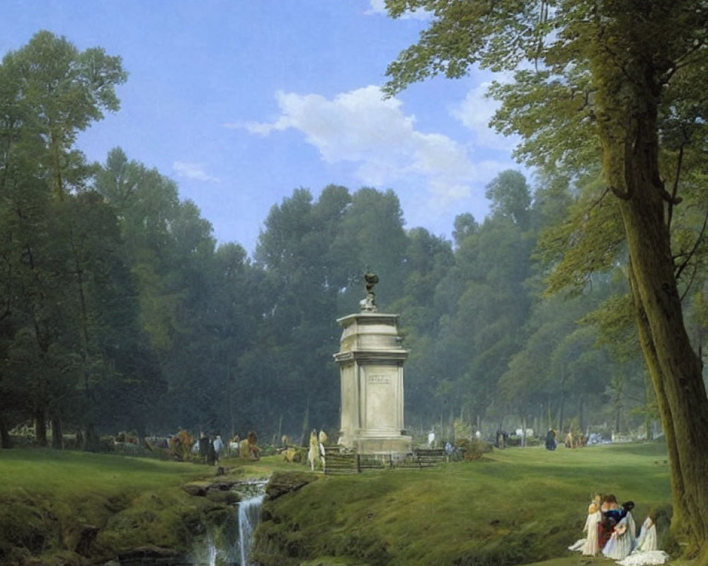 Tranquil 19th-Century Landscape with Column, Waterfall, Trees, and People