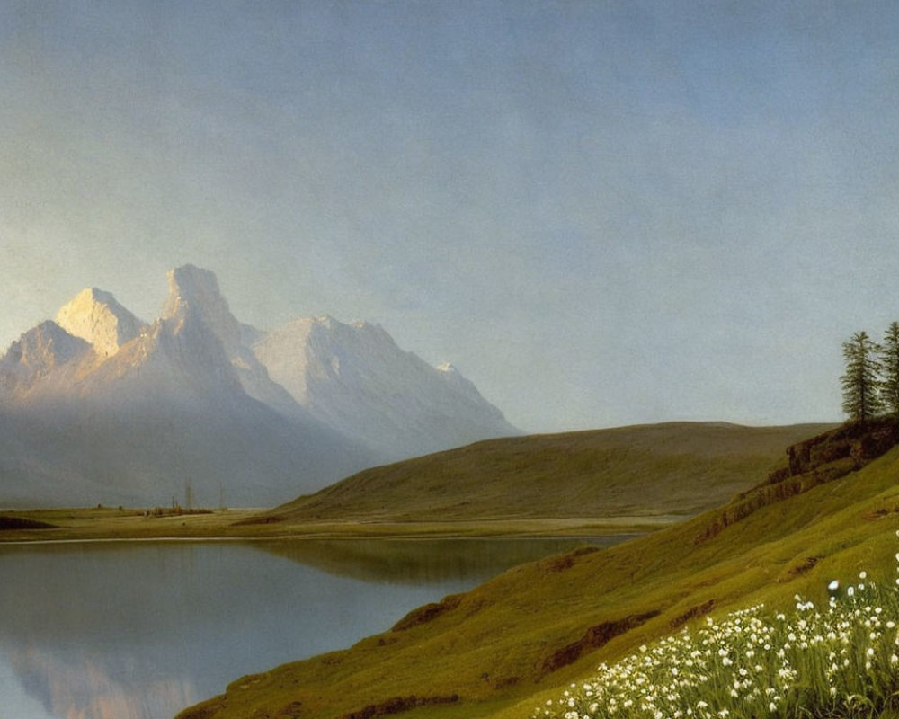 Tranquil landscape painting of serene lake, distant mountains, and green hills with white flowers.