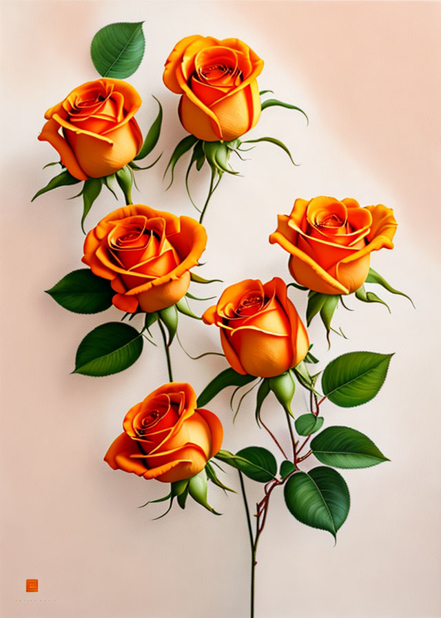 Five Vibrant Orange Roses on Soft Peach Background