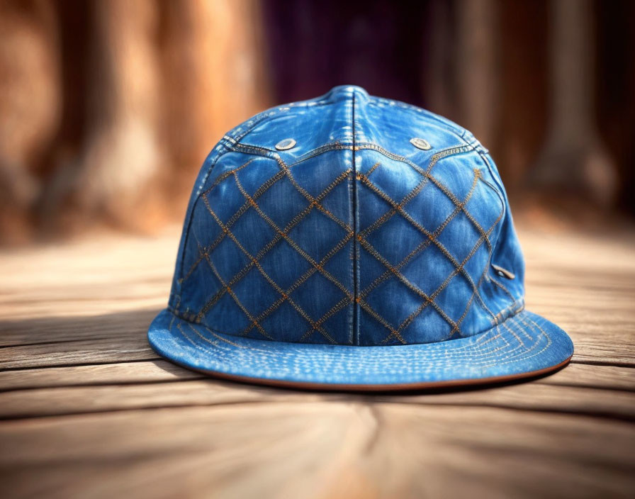 Blue Quilt-Patterned Flat Cap on Wooden Surface