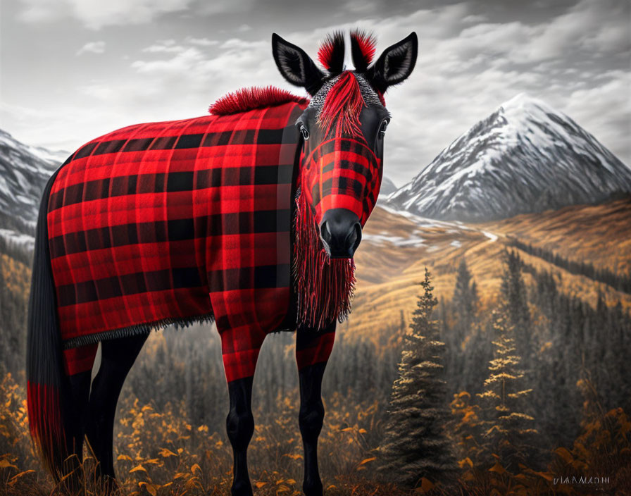 Digitally manipulated zebra with red and black plaid pattern in autumn mountain landscape