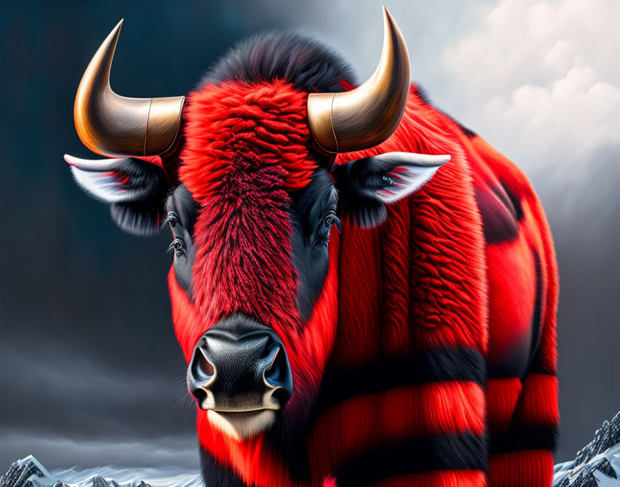 Colorful Bull Artwork Against Mountain Sky Background