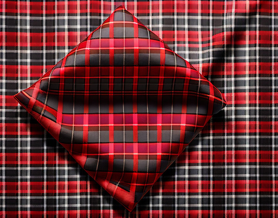 Red and Black Tartan Pocket Square with Gold Stripes on Matching Background