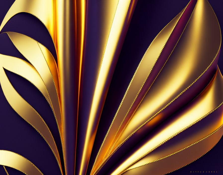 Abstract metallic gold leaf shapes on deep purple background