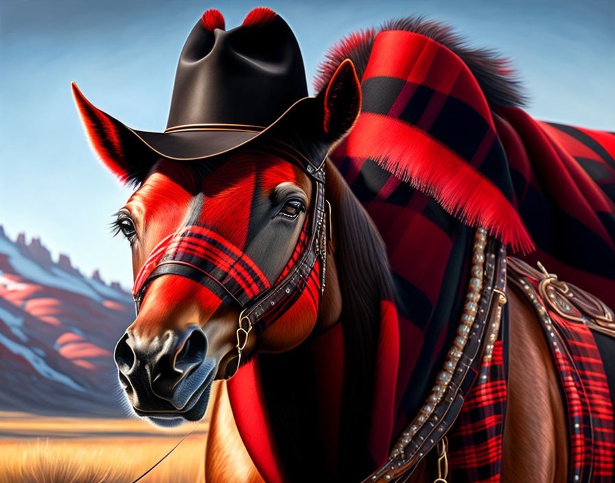 Illustration of horse in plaid blanket and cowboy hat against mountain landscape