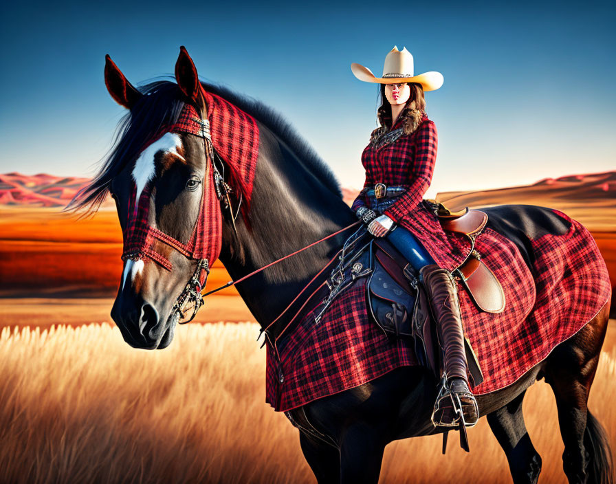 Cowboy hat woman riding horse in plaid attire with matching blanket in field.