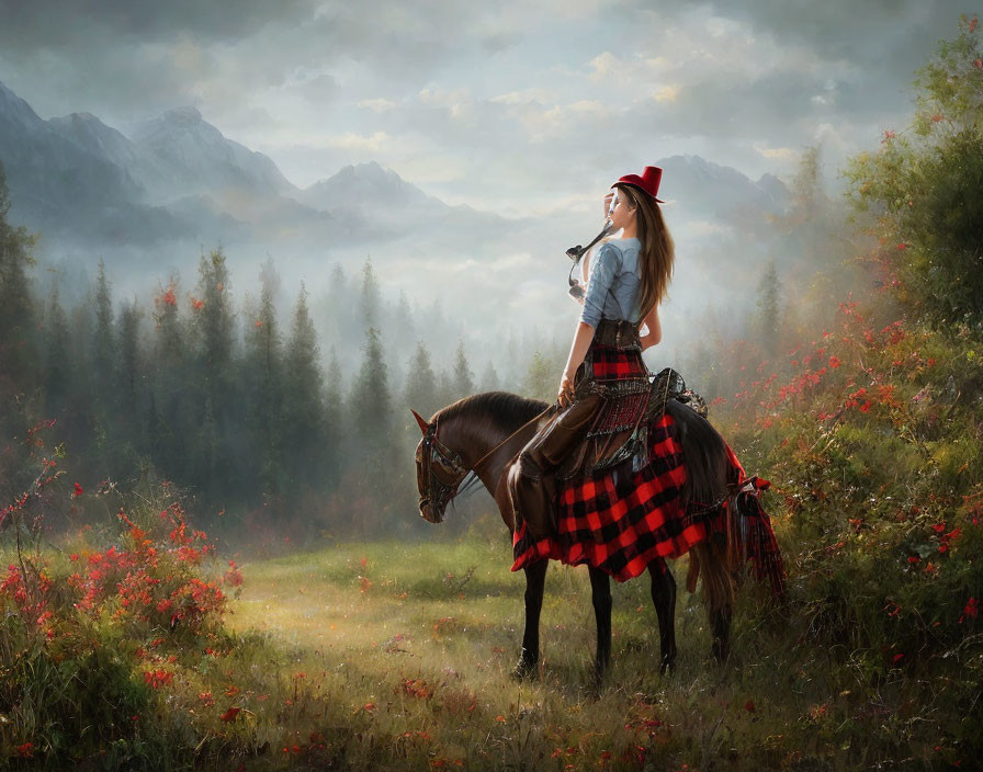 Woman in Red Hat on Horse in Field with Red Flowers and Misty Mountains