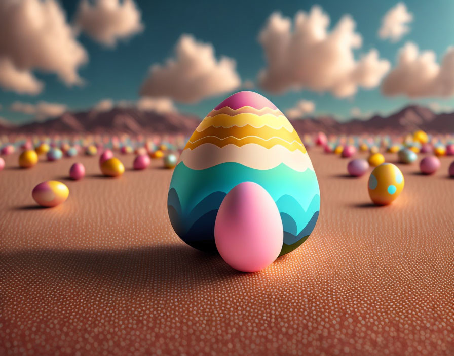 Vibrant decorated egg in desert landscape under clear sky