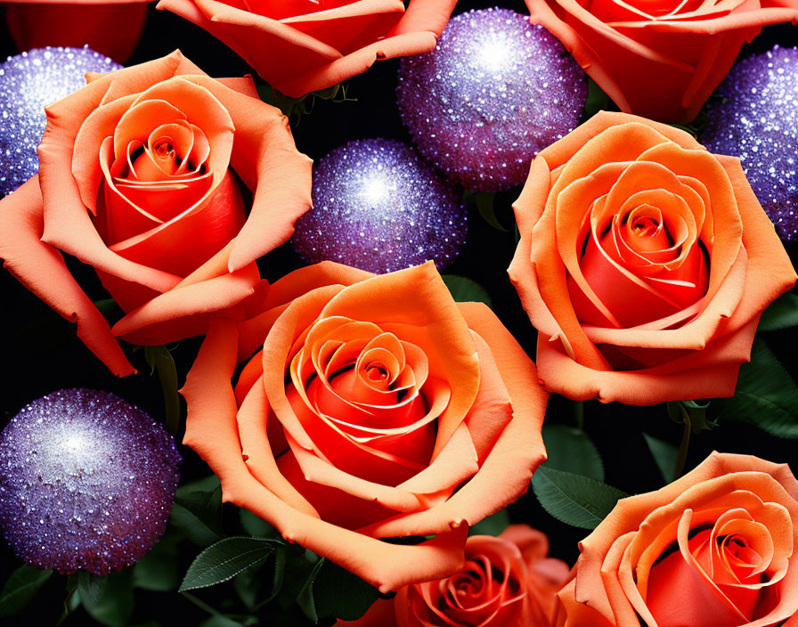 Bright Orange Roses and Glittering Purple Spheres on Dark Background