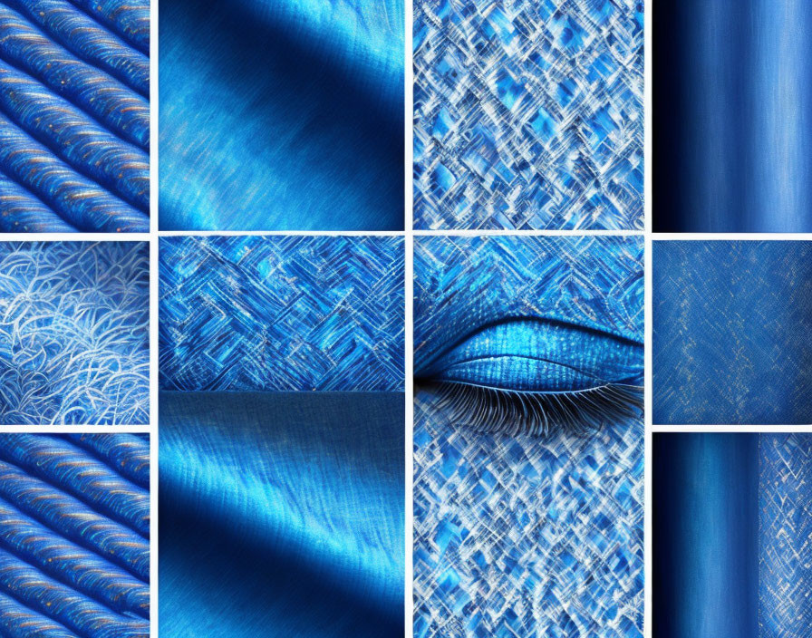 Blue Textured Collage: Fabrics, Satin, Eye Makeup, Patterns