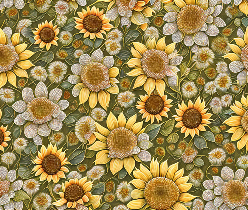 Detailed Sunflower and Daisy Pattern in Yellow, Cream, and Green