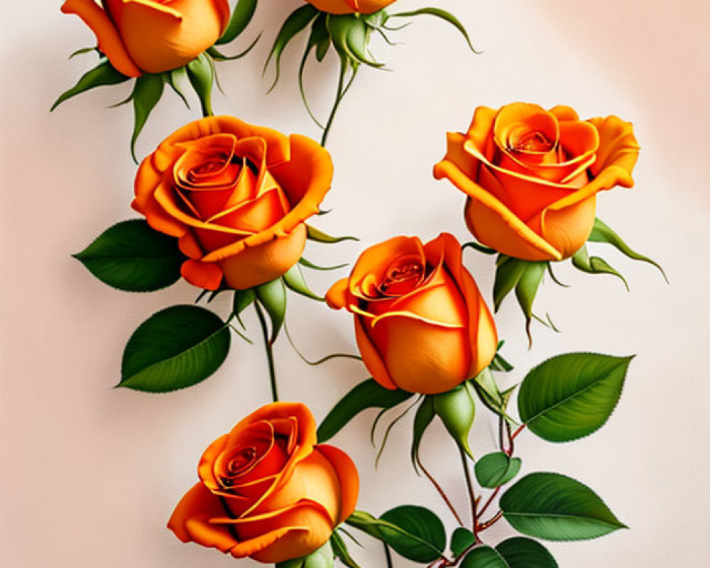 Five Vibrant Orange Roses on Soft Peach Background