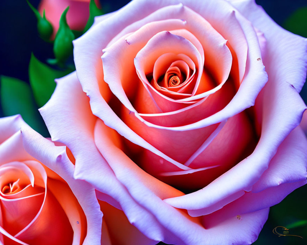 Detailed Close-Up of Vibrant Pink Rose and Bud on Dark Blue Background