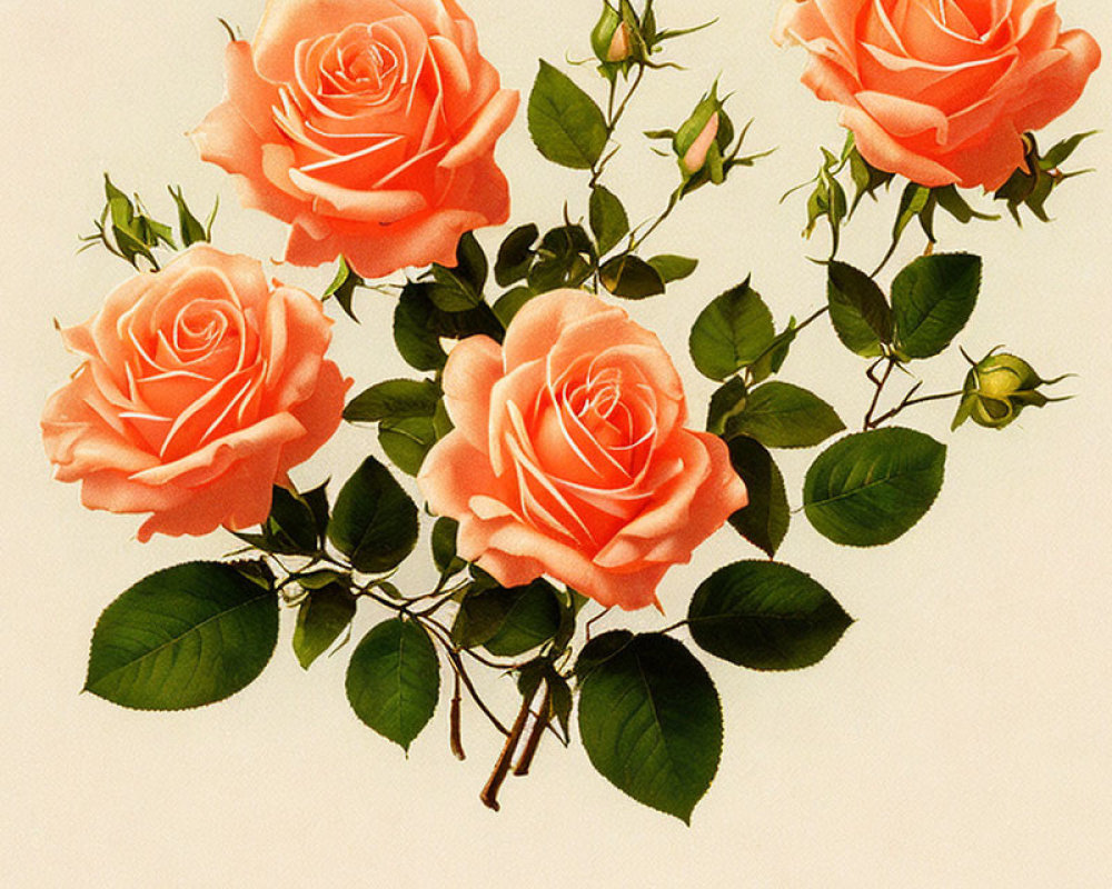 Vintage Illustration of Peach-Colored Roses on Pale Background