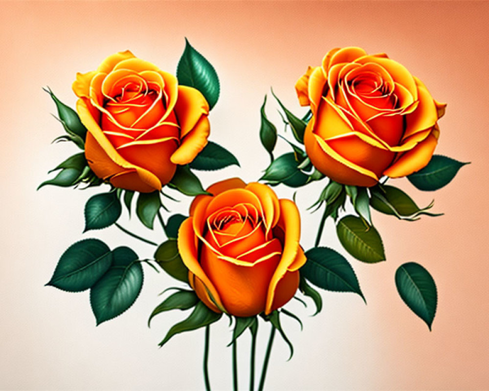 Three vibrant yellow-orange roses with detailed petals and green leaves on a soft peach background