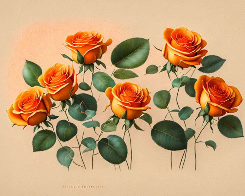 Vibrant Orange Roses on Cream Background with Green Leaves